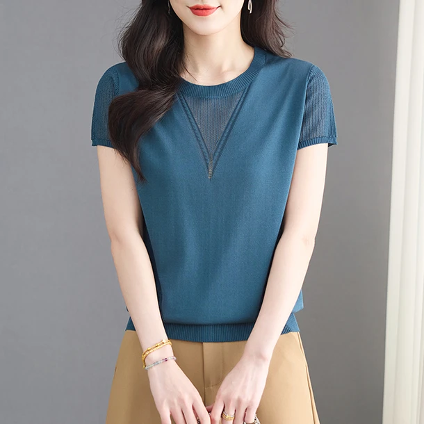 【天丝】纯色镂空圆领小衫2025新款夏薄款爆款短袖女宽松洋气针织衫