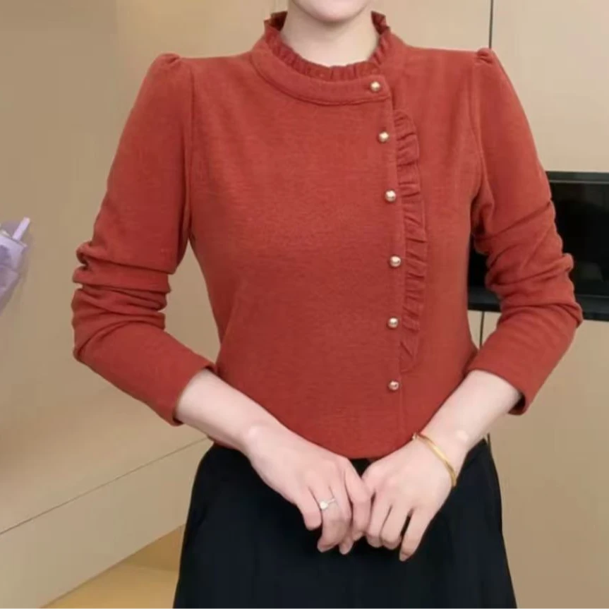 冬季上新时尚双面绒上衣木耳边减龄显瘦洋气长袖气质百搭衬衫8998