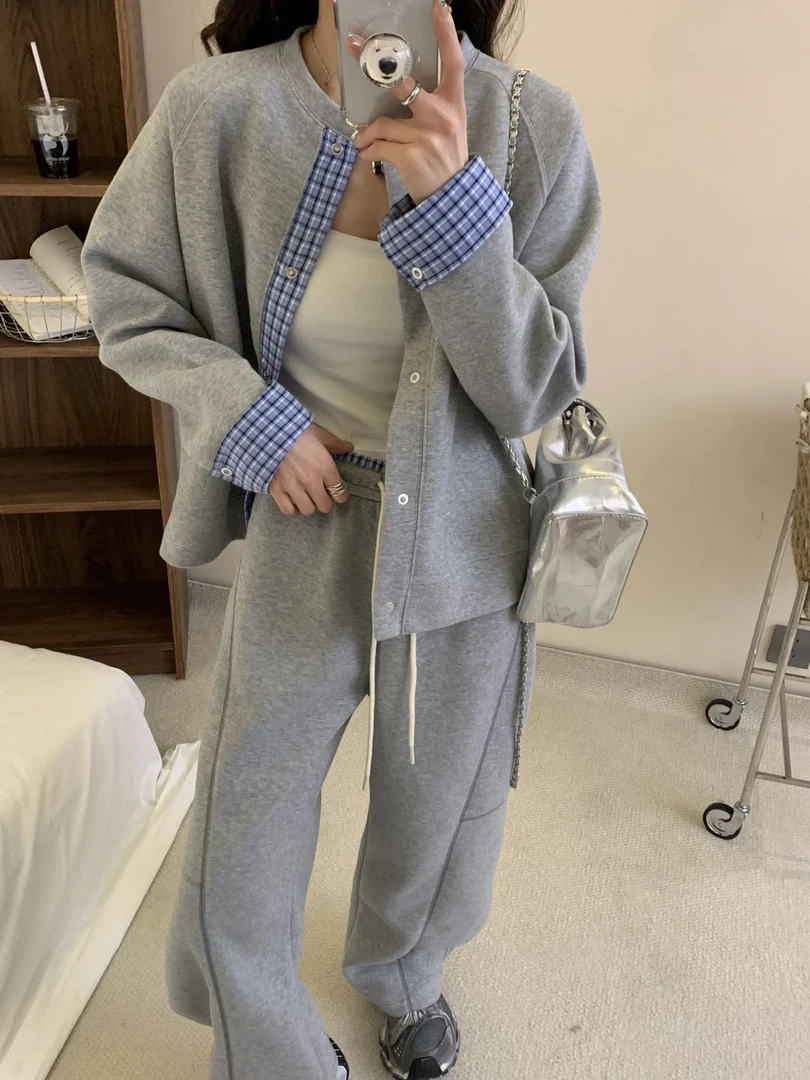 25新款家拼接格子开衫套装时尚休闲宽松百搭2505轻奢