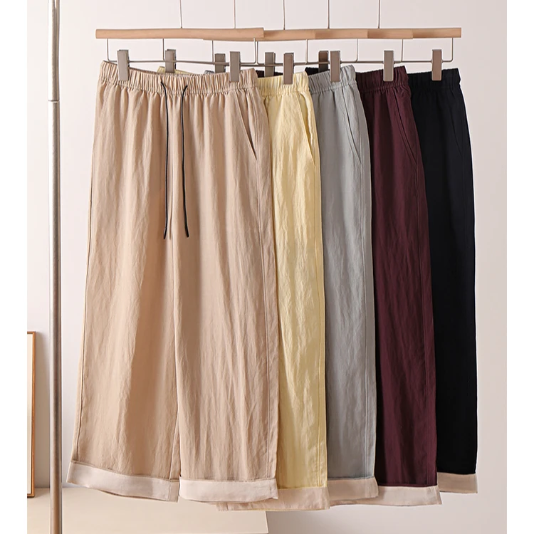 新款夏季折边天丝亚麻直筒裤