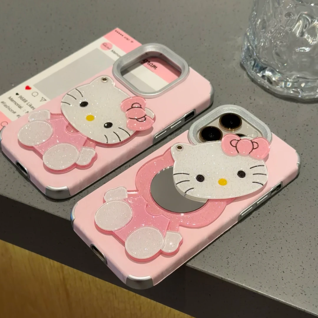 欧克里里粉色TK猫镜子粉贴皮适用苹果16/15/14promax手机壳13/12/
