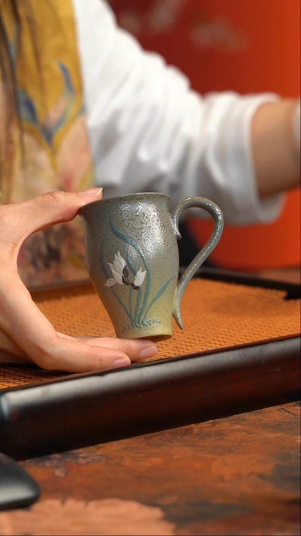 27小鱼柴烧本绿兰花把子杯