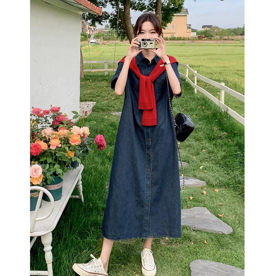 韩系宽松轻熟风针织披肩牛仔衬衫长裙新款休闲显瘦连衣裙女士夏季