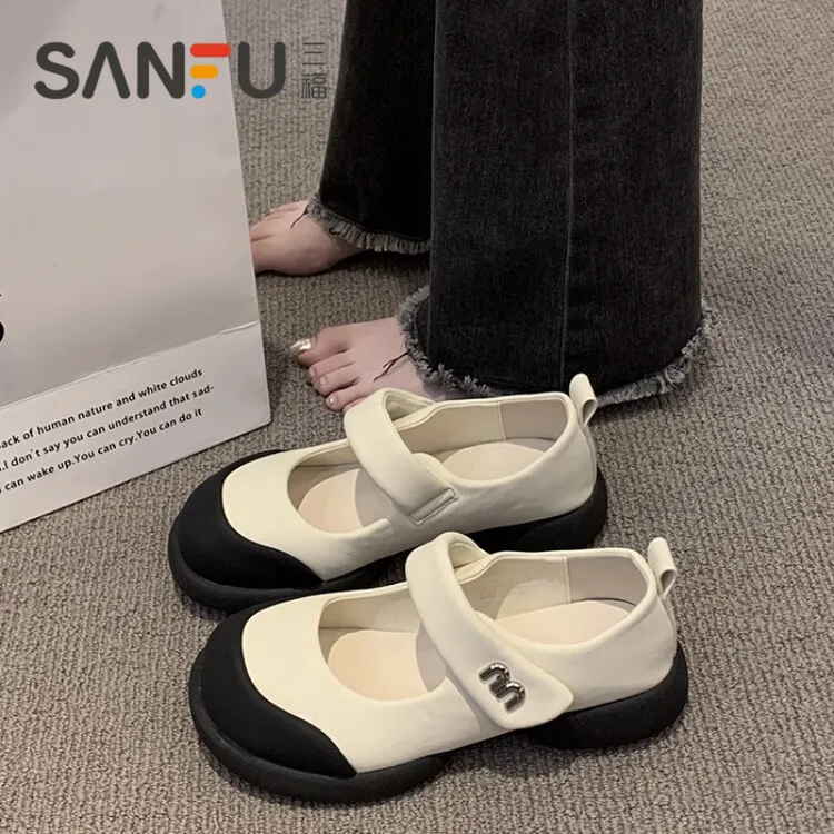三福玛丽珍鞋女2025新款夏季凉鞋厚底小皮鞋魔术贴女鞋软底单鞋