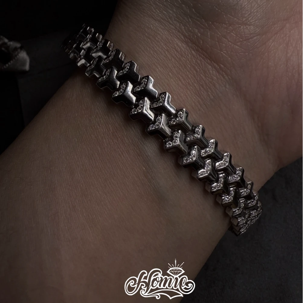 925银莫桑石手链 HOMIE 立体几何银莫桑男士手链加宽版时尚古巴链