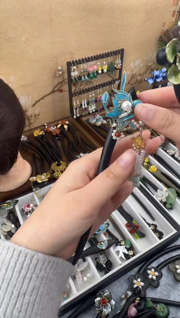 铁合金木质别***我纯铜烧蓝檀木发簪