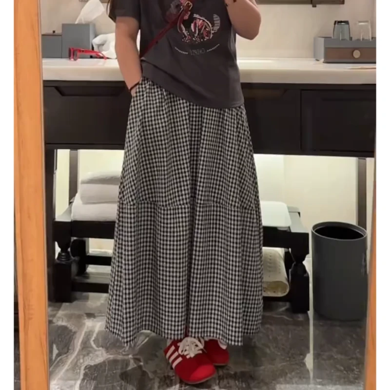 2025夏季新款夏装大码胖mm女装a字裙松紧腰格子高腰显瘦半身裙