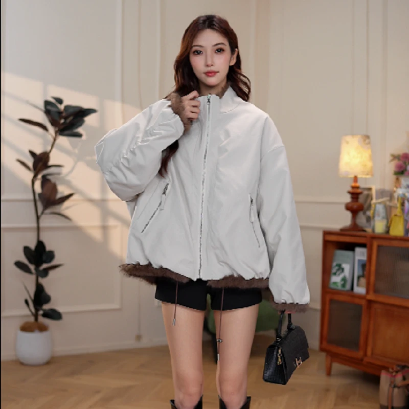 【丹丹】散口袖棉服外套女拉链宽松秋冬褶皱时尚短款立领Z0024
