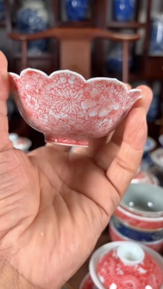 柴窑釉里红万花莲花杯杯