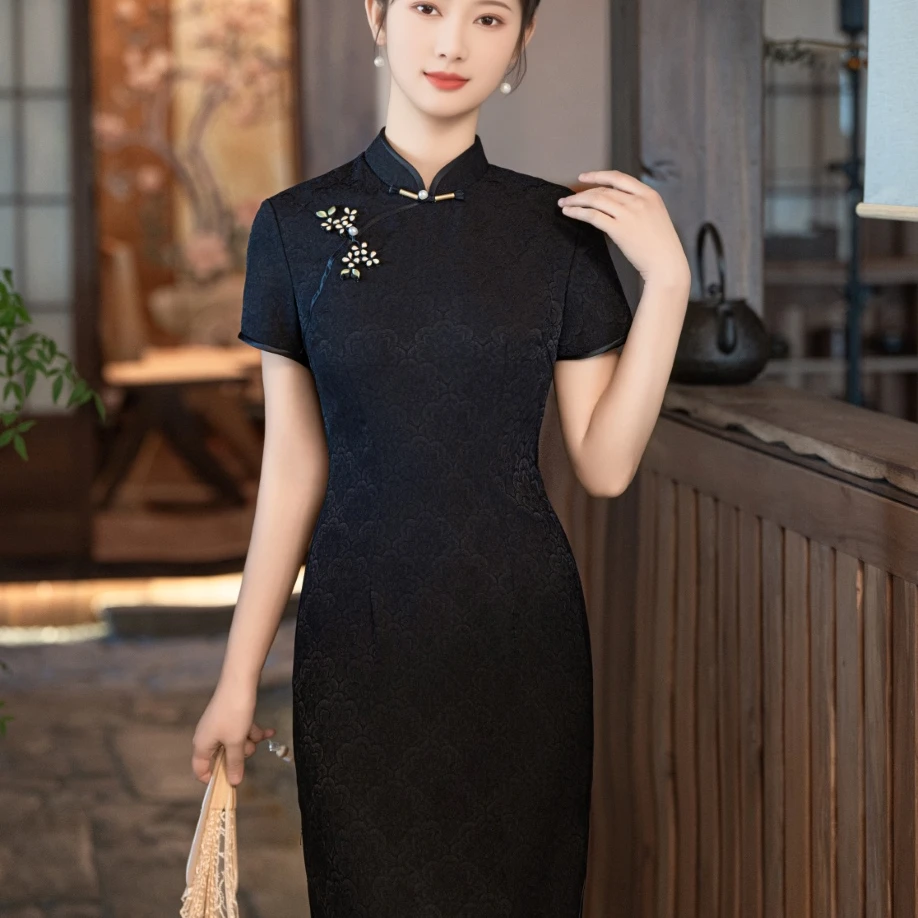 黑色日常旗袍女改良礼服新款2025复古气质年轻显瘦中式日常连衣裙