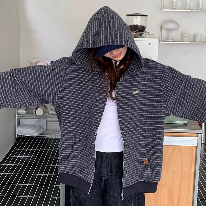 高端货~条纹连帽卫衣外套女秋季慵懒风宽松休闲百搭长袖上衣