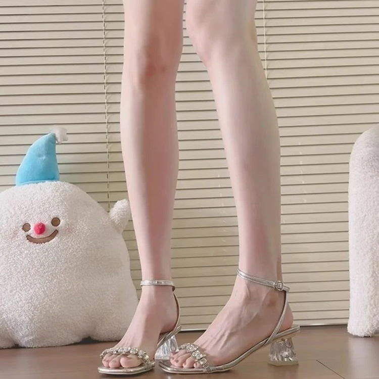 SIJIERUI银色透明水晶粗跟高跟鞋女2025年夏季新款透气水钻凉鞋女