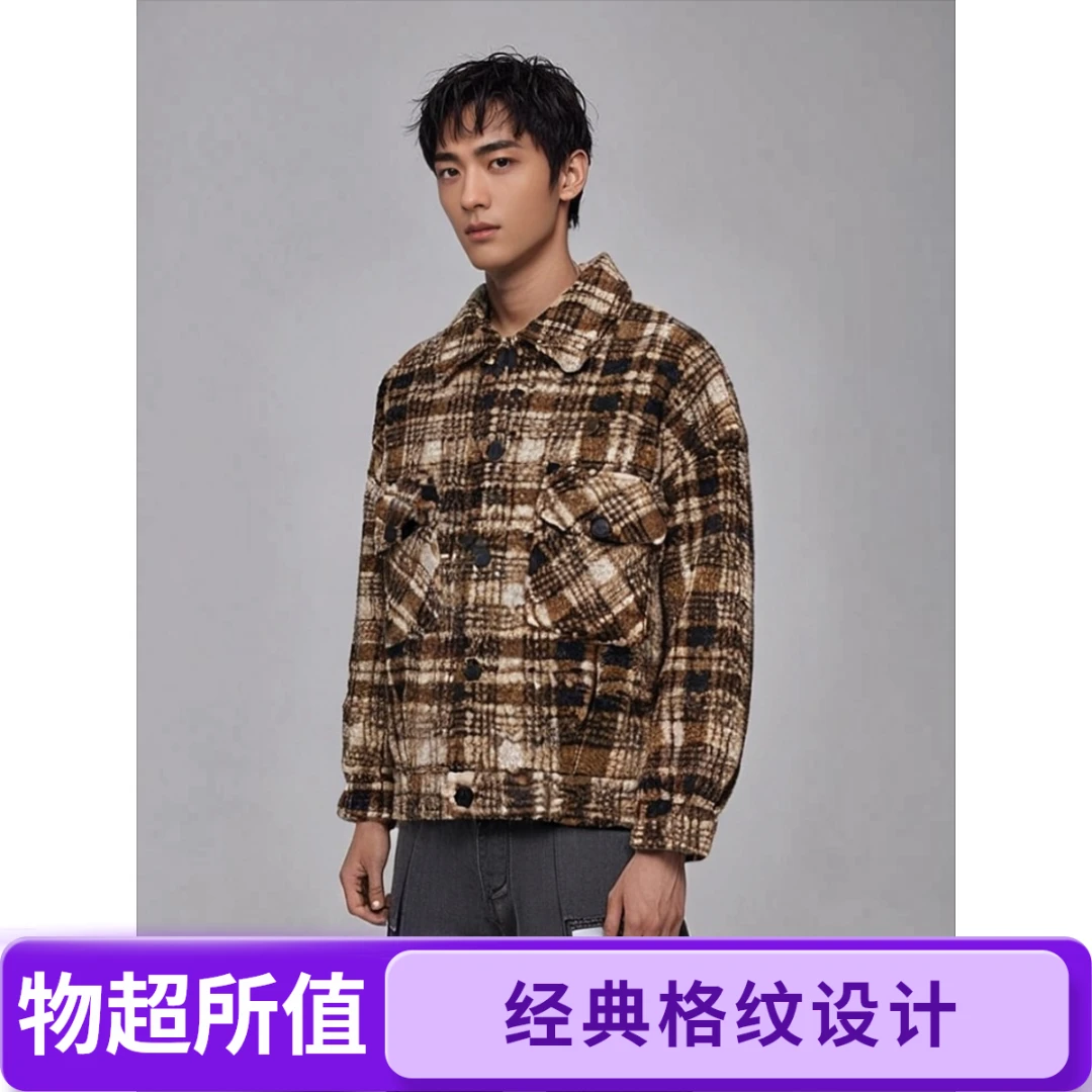 格子不起球冬季秋冬格子夹克保暖拉链秋季欧美风免烫宽松毛呢韩版