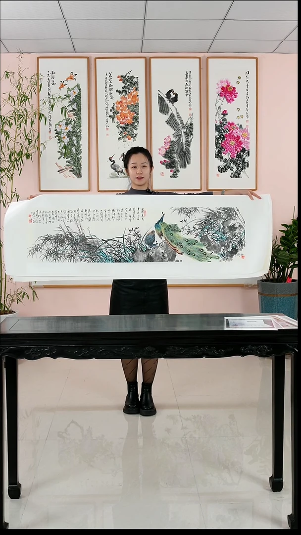 国画杜成鹏《竹子兰花孔雀》手绘/檀木框162*47厘米