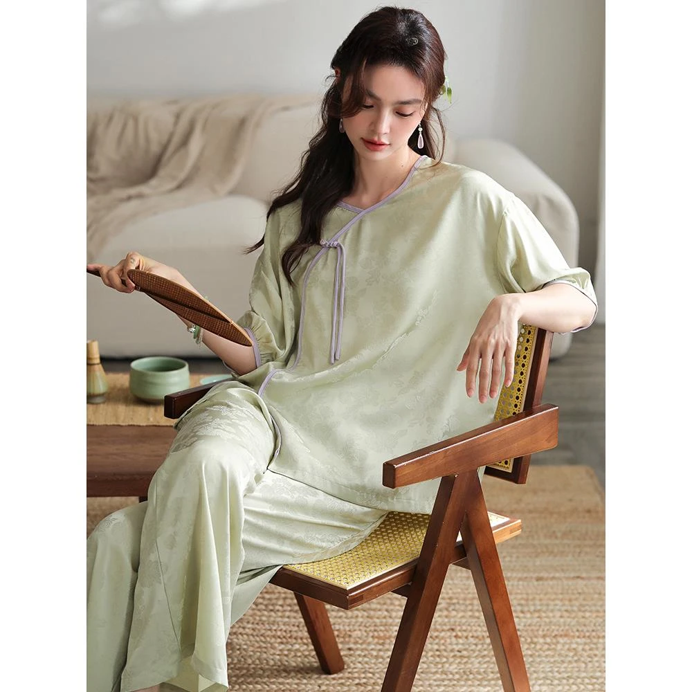 睡衣夏季女款冰丝清新淡雅新中式短袖长裤大码宽松家居服新款套装