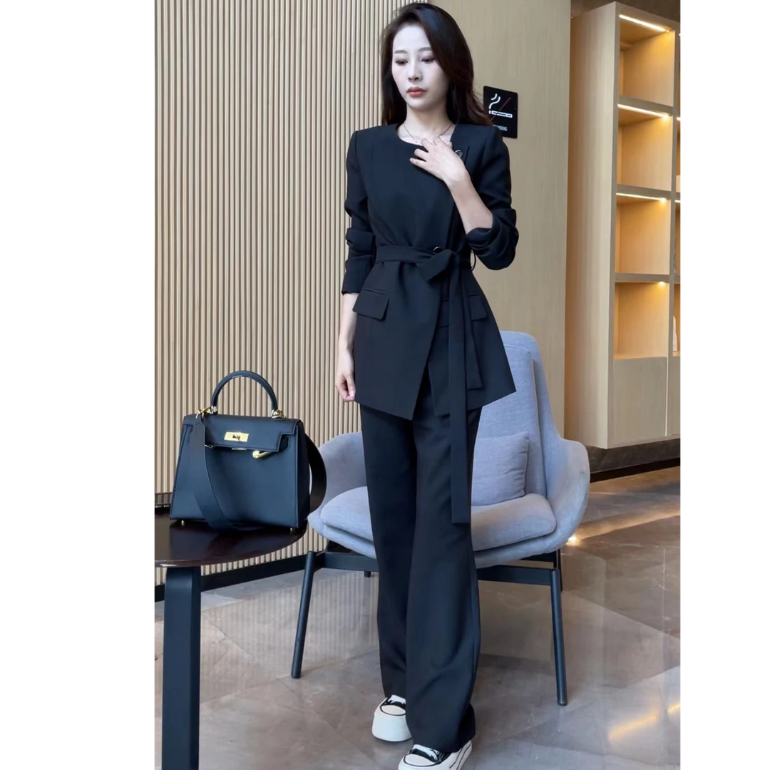 设计感早秋新款休闲洋气外套时尚西装裤腰带两件套-24571