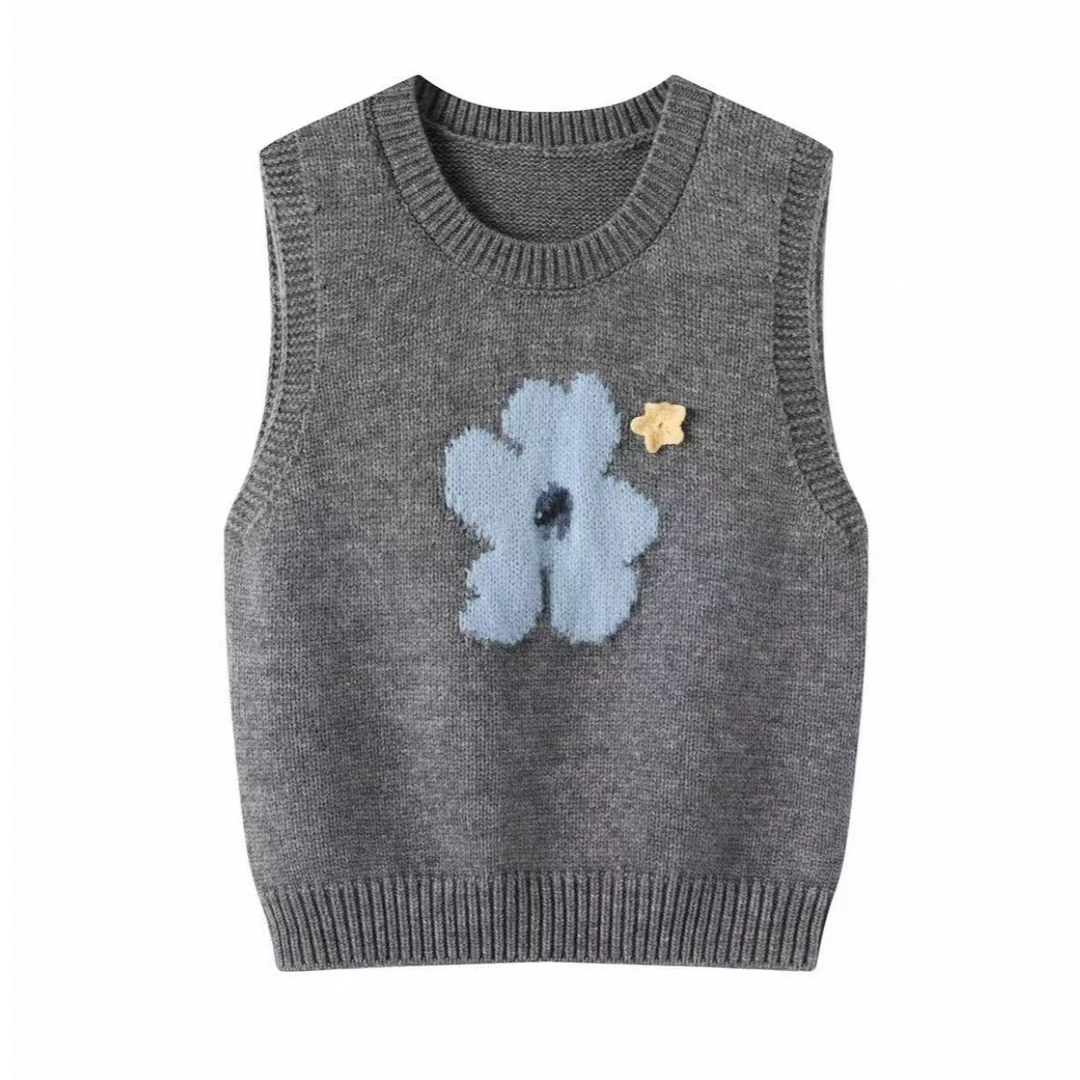 早秋小清新文艺感雏菊花朵提花刺绣无袖马甲叠穿百搭显瘦舒适毛衣