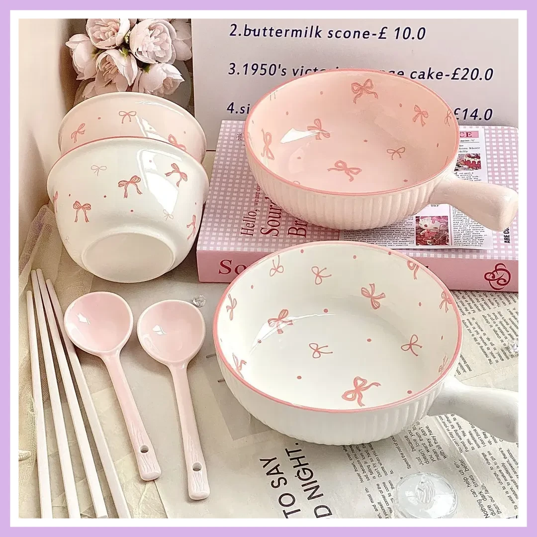 蝴蝶结可爱一人食餐具家用特别好看的碗二人食碗碟套装盘子饭碗