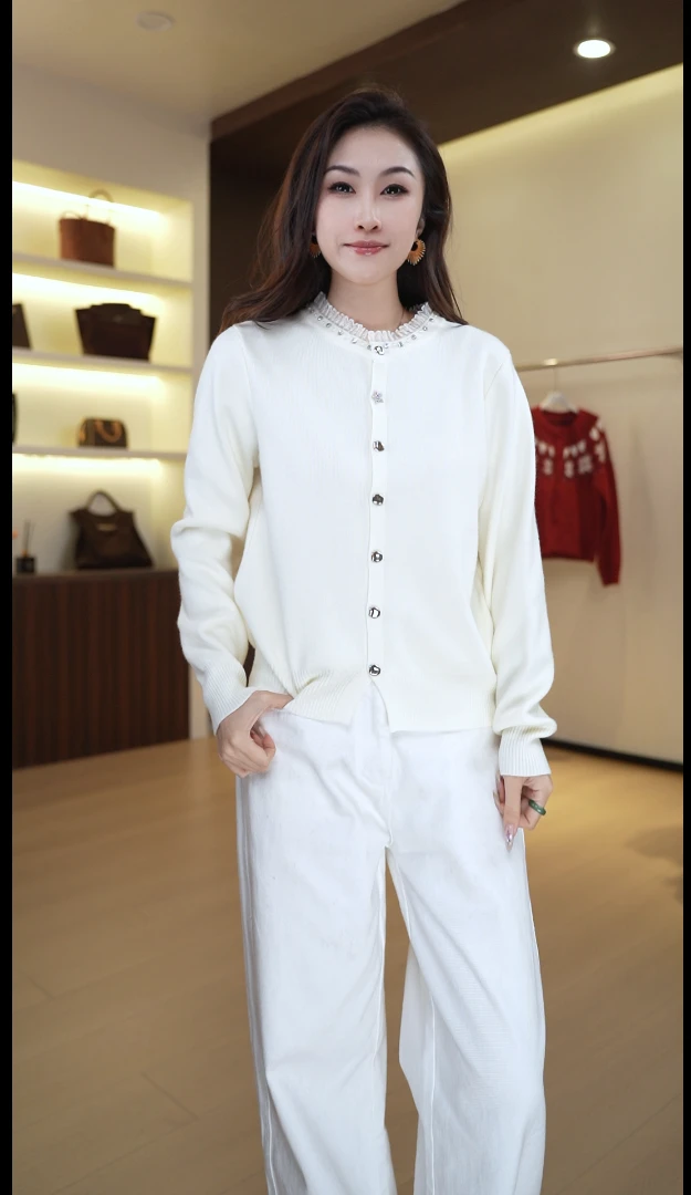 7721秋冬时尚钉珠圆领纯色休闲宽松针织衫