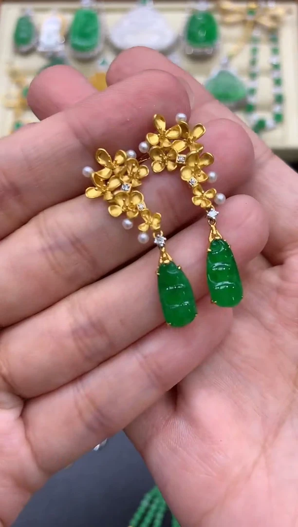 翡翠18K金镶嵌耳饰448-中国好珍宝