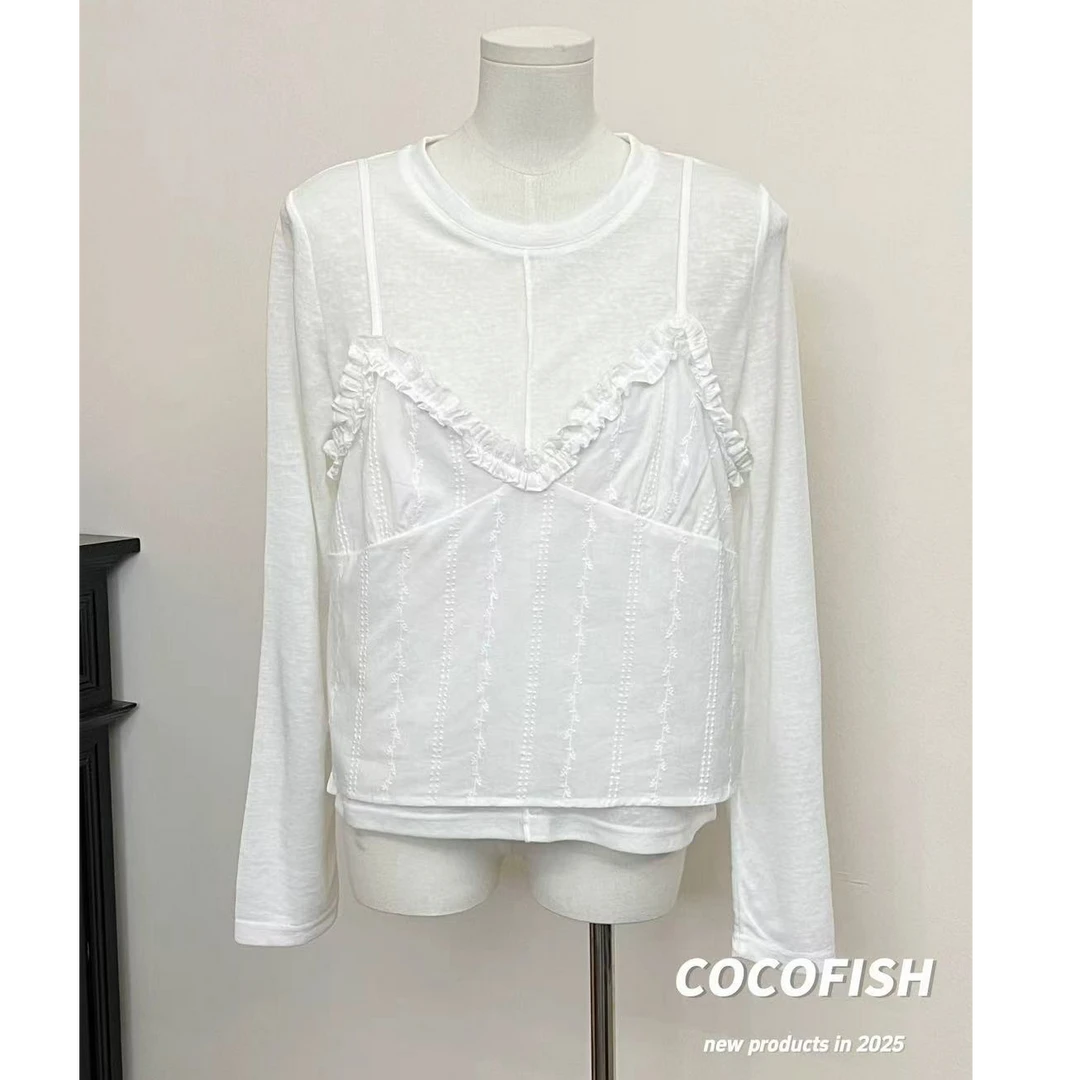 韩版文艺纯色T恤+小清新木耳边吊带背心#3003