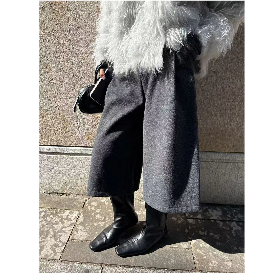 【逸语服饰】2025冬季韩系简约百搭加绒加厚毛呢七分裤女直筒阔腿裤