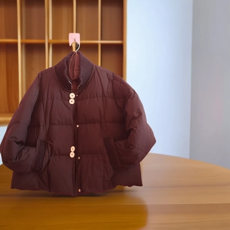 针织立领短款拼接羽绒服女冬季小个子宽松保暖外套