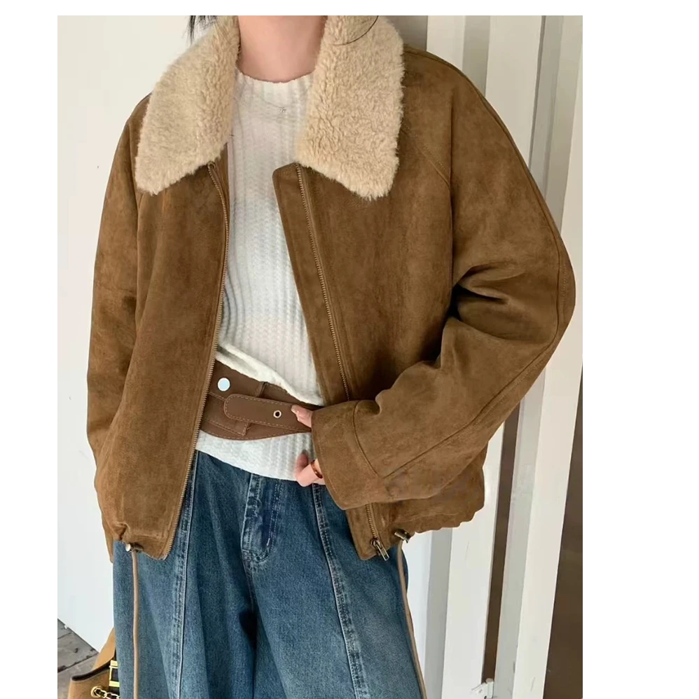 羊羔毛翻领麂皮绒夹棉外套女欧洲站2025秋冬时尚宽松休闲加厚棉服