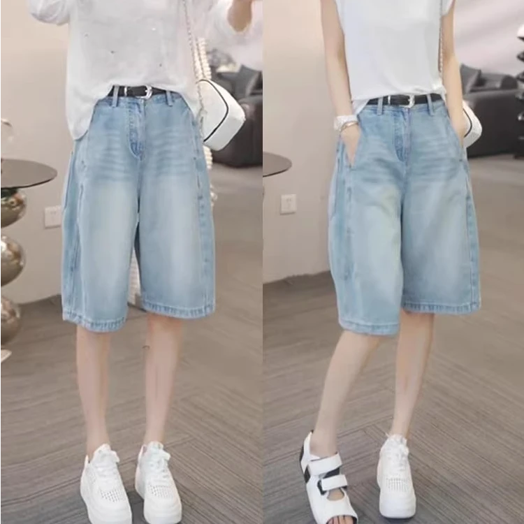 天丝五分工装牛仔裤女2025夏季薄款新款高腰花苞阔腿短裤休闲中裤