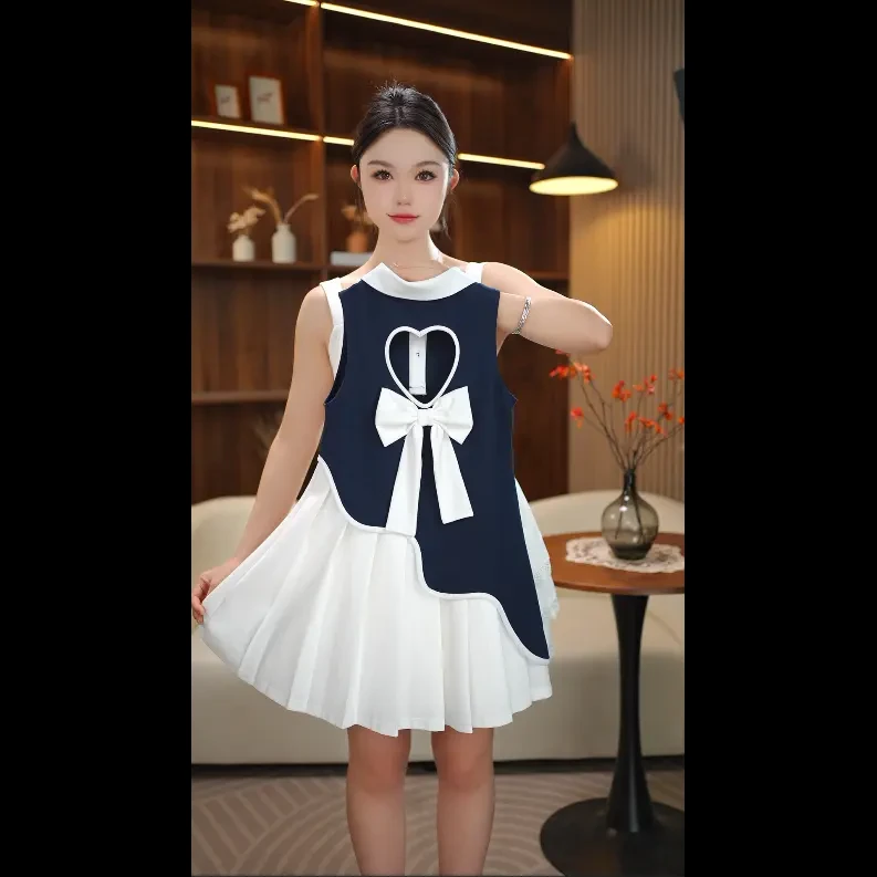 女童夏季学院风卡通动漫少女风纯色连衣裙女童学生童装套装