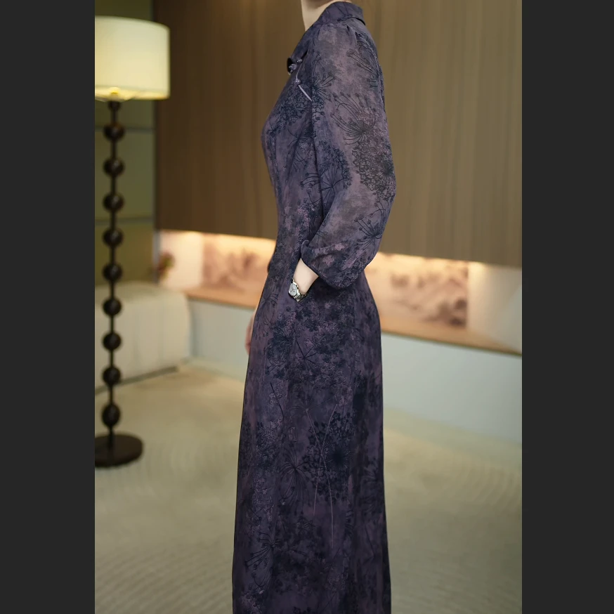 [暖晴川]春秋季新款气质修身显瘦新中式减龄娃娃领中长款连衣裙