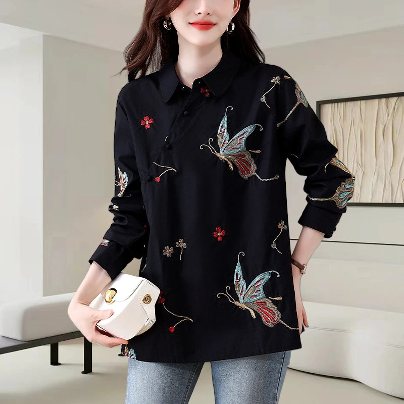 设计感重工刺绣蝴蝶衬衫女2025秋季新款大码宽松休闲显瘦气质上衣