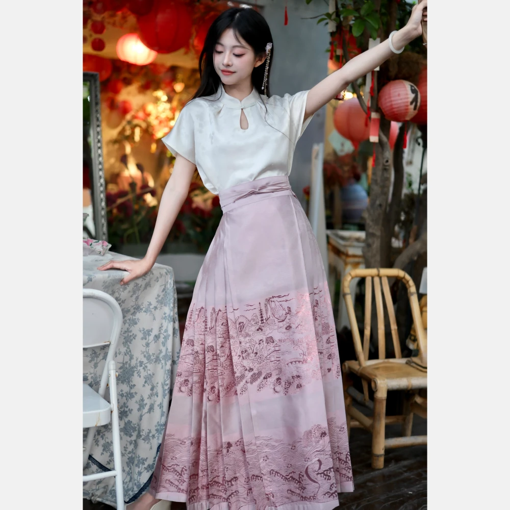 长裙套装-【短袖+海市蜃楼】重工幻彩螺钿织金马面裙夏款日常百搭