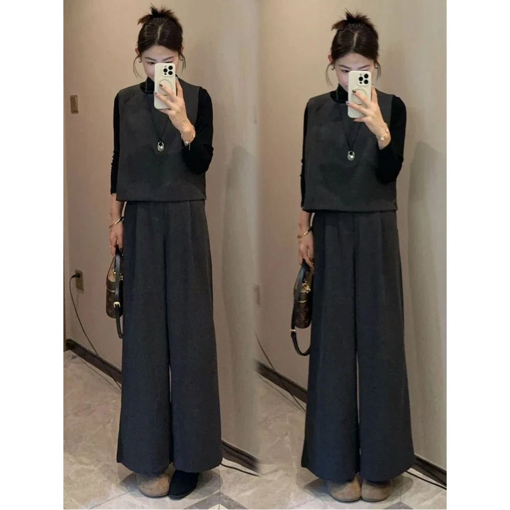 时尚套装女2025秋新款时髦洋气半高领打底衫马甲阔腿裤气质三件套