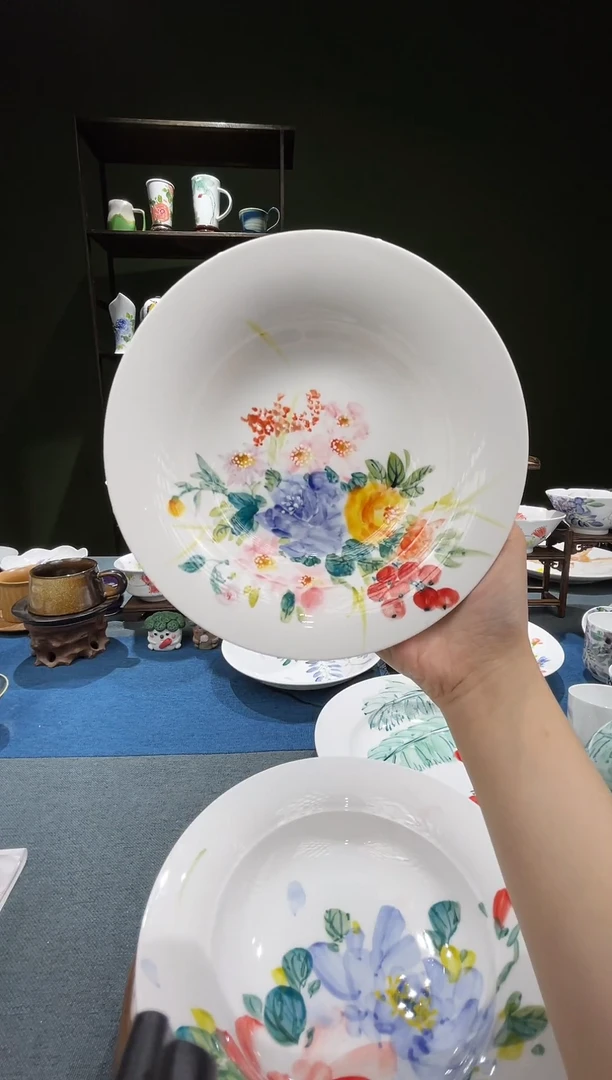 盘景德镇高温釉下彩7.5英寸草帽盘莫奈大花