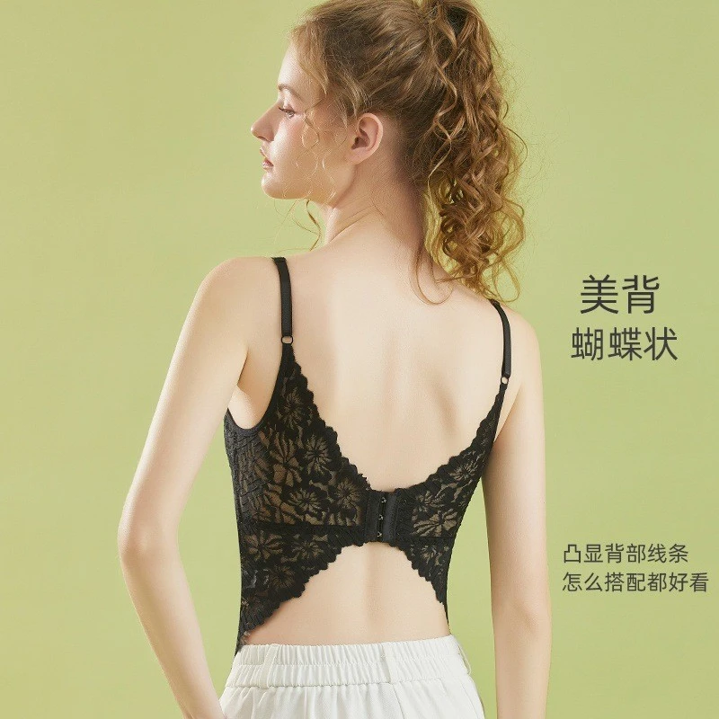 蝴蝶美背防走光吊带背心女夏季薄款自带胸垫修身大码性感蕾丝内衣