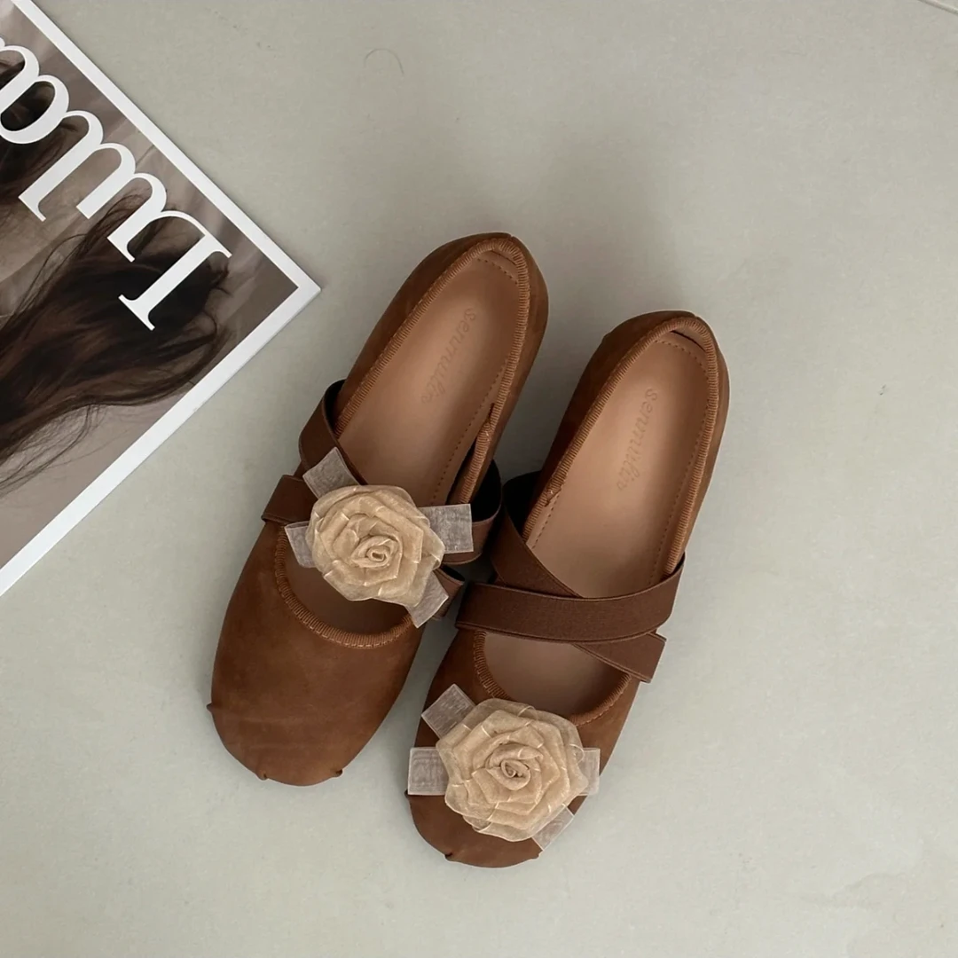 内增高5cm温柔百搭山茶花公主法式圆头软底芭蕾舞风单鞋复古时尚