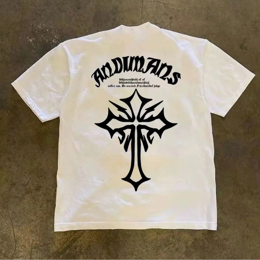 230g！时尚短袖T恤男士十字架t恤印花潮牌潮流个性修身百搭体恤衫