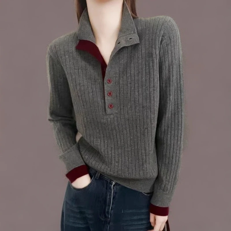欧货羊毛衫打底衫拼色2025早春新款纽扣半开领半高领竖条纹毛衣女