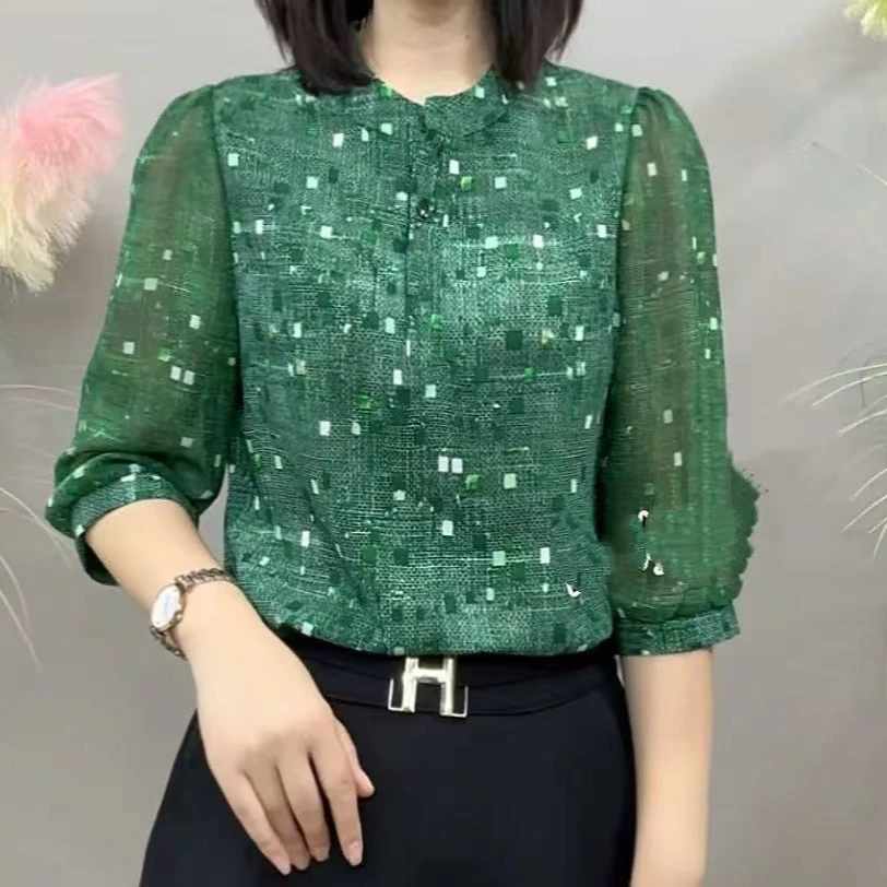 碧玉流光！2025新款夏季轻奢减龄蕾丝拼接上衣显瘦宽松女士衬衫556