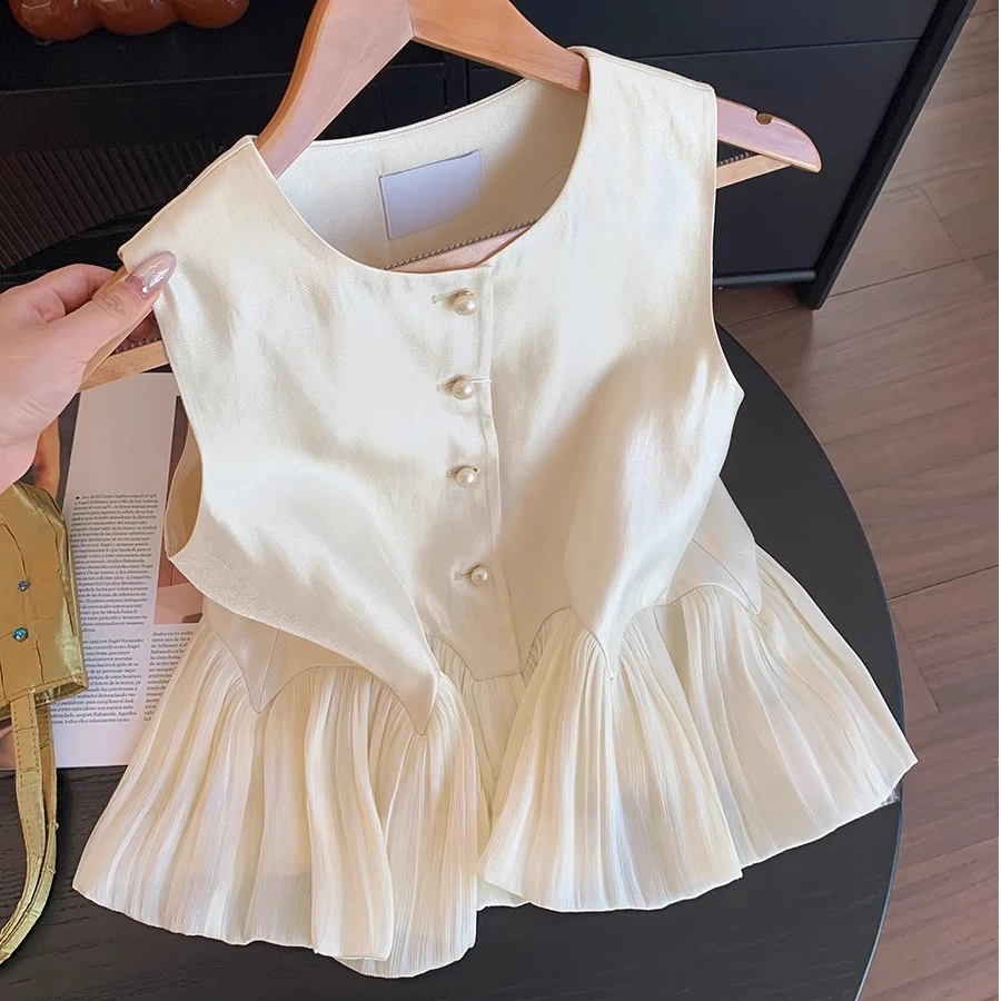 法式珠光网纱拼接无袖上衣女夏季2025新款温柔小香风显瘦马甲背心