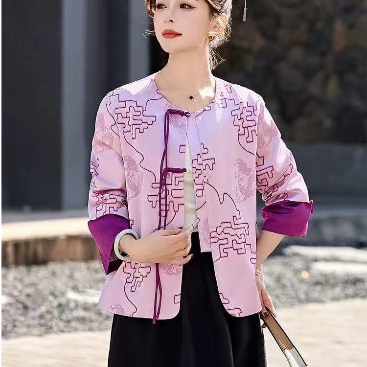 新中式国风提花外套女小个子春秋款今年流行高端显瘦盘扣唐装上衣