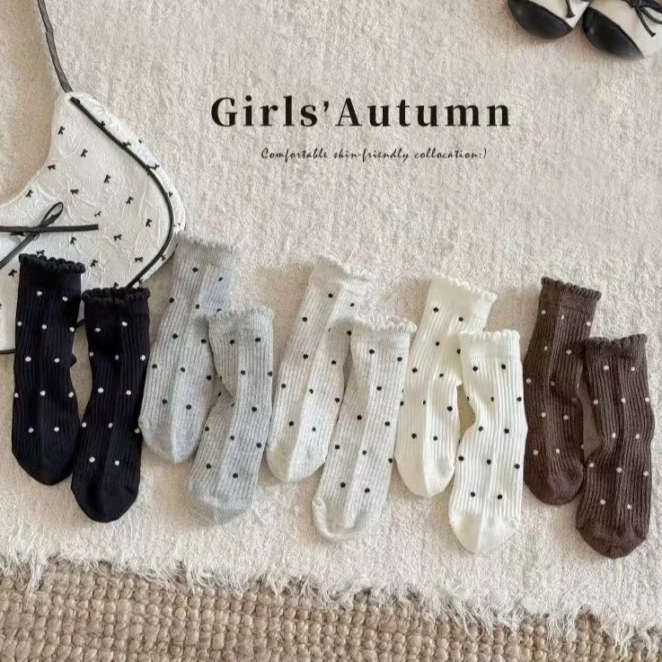 女童袜子秋冬款1-12岁蝴蝶结女宝咖色系点点百搭中筒棉袜