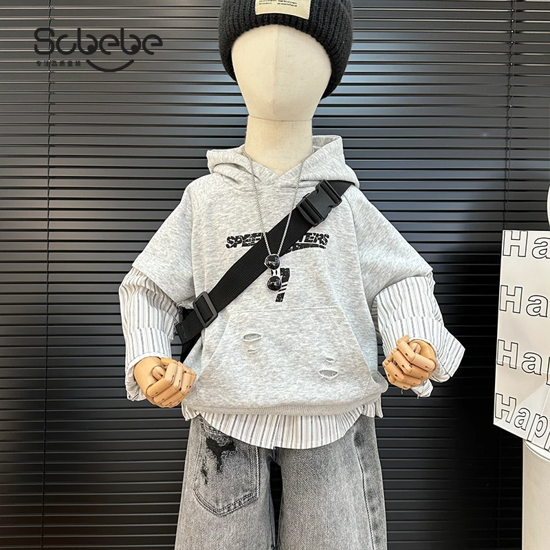 SCBEBE儿童卫衣韩版假两件2025春季新款袖子拼接连帽卫衣AS755