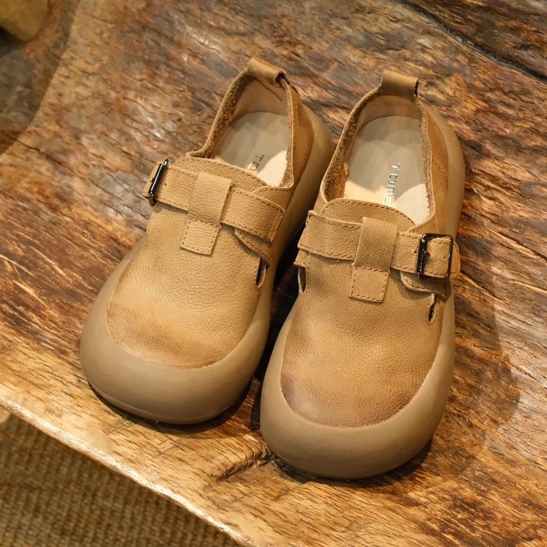 2025春季新款牛皮浅口低跟平底鞋文艺舒适真皮单鞋复古百搭博肯鞋