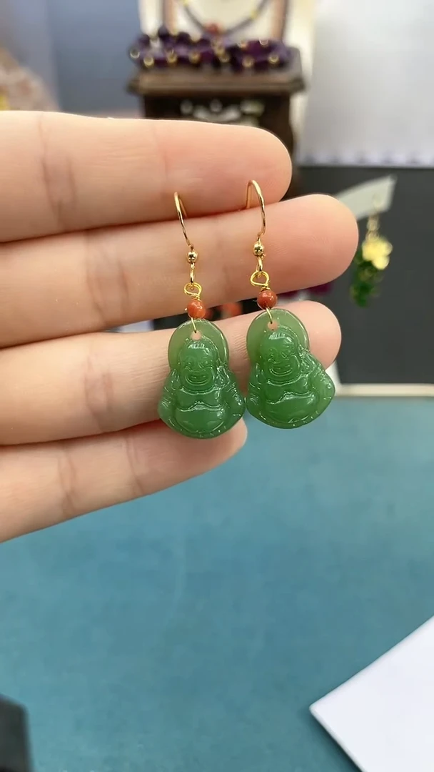 东陵石14K金镶嵌耳饰小佛公耳钩