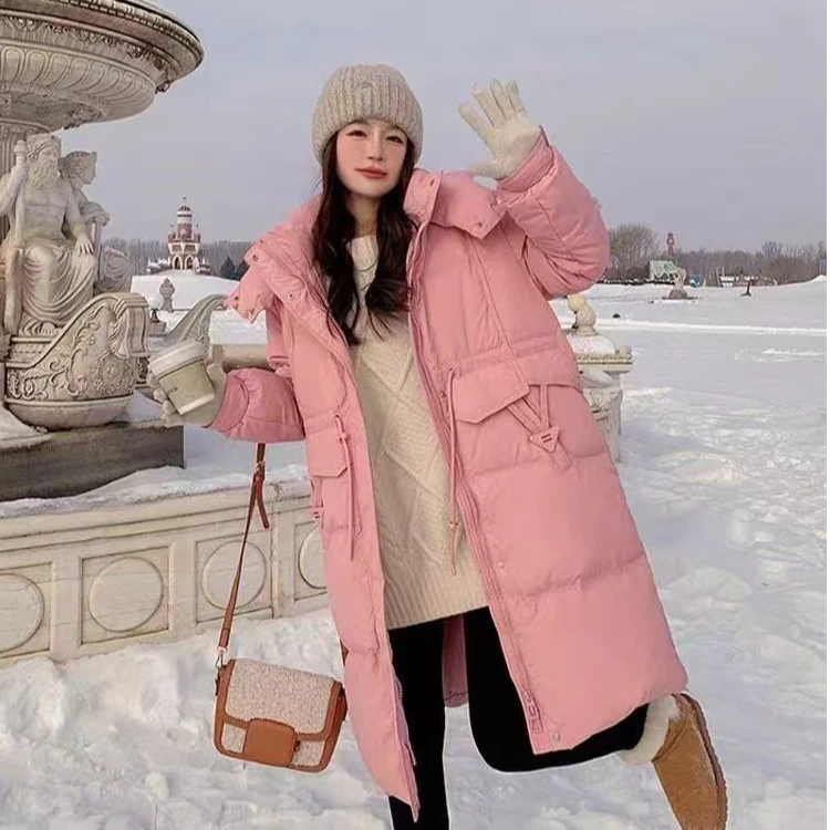 2025网红长款收腰韩版时尚宽松显瘦连帽通勤简约过膝羽绒服