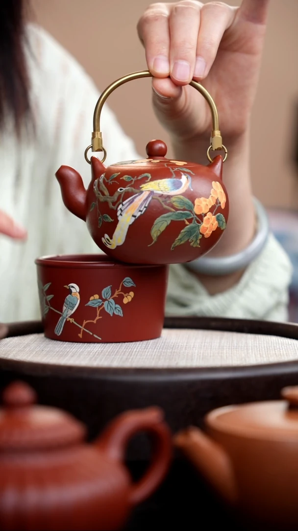 茶壶紫砂朱泥一粒珠提梁泥绘枇杷+杯015