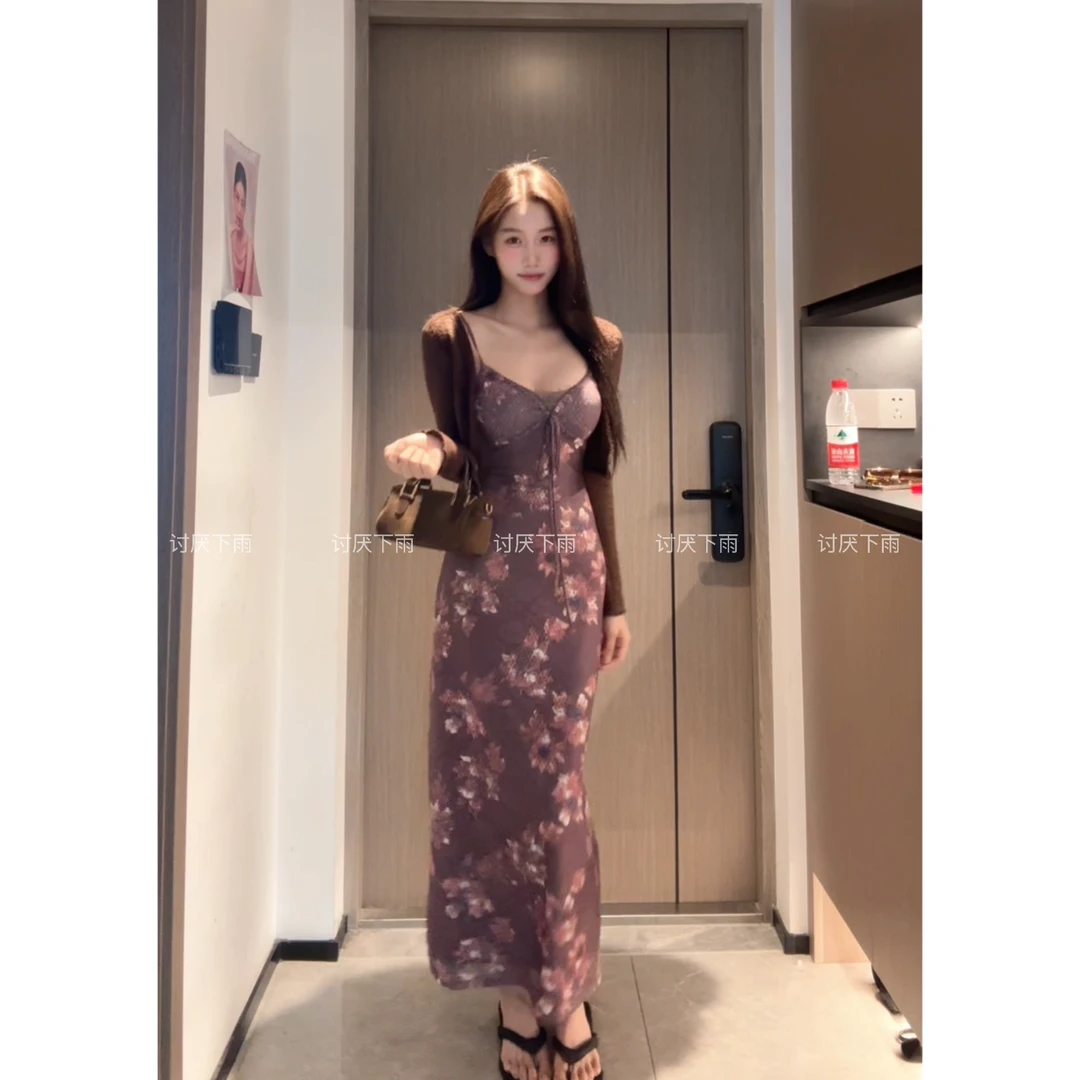秋意浓 蕾丝花边性感连衣裙女秋季吊带气质收腰裙子两件套装00366
