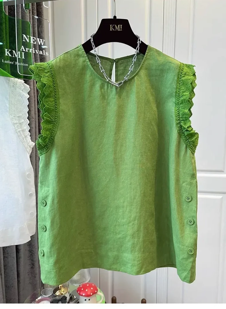 圆领拼接木耳边蕾丝小飞袖衬衫女夏2025大码胖mm法式减龄宽松上衣